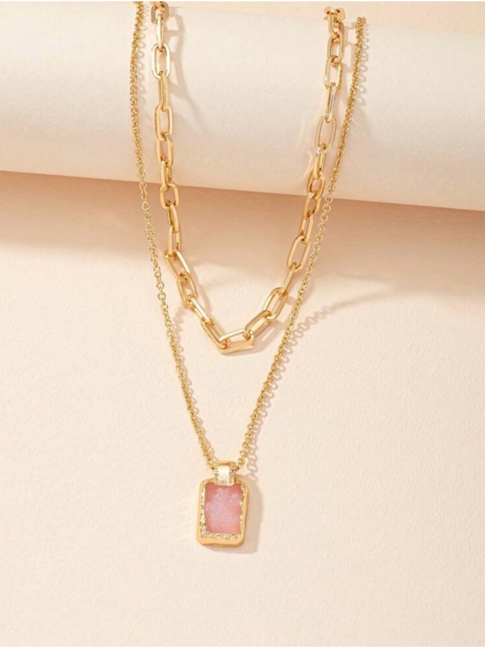 Gold Layered Necklace with Pink Stone Pendant - Women Jewelry